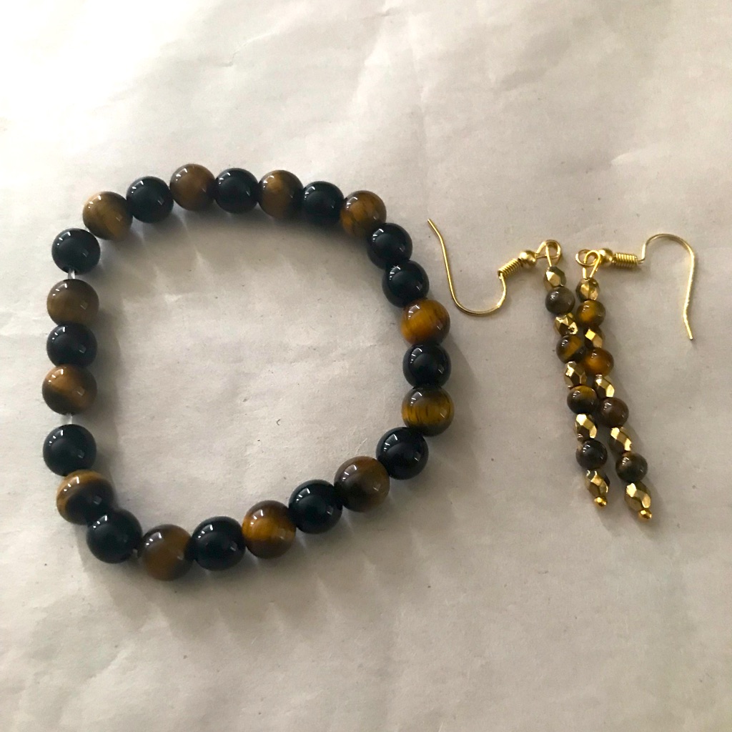 Tigers Eye And Black Agate Genuine Stone Stretchy Bracelet And Earrings Set